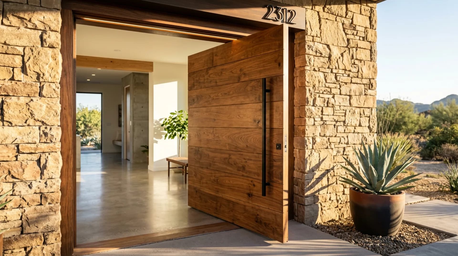Luxury home architectural detail with desert landscaping