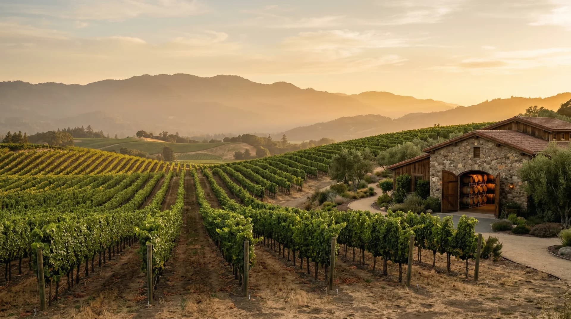 Napa Valley vineyard rows at golden hour with soft hills in the distance