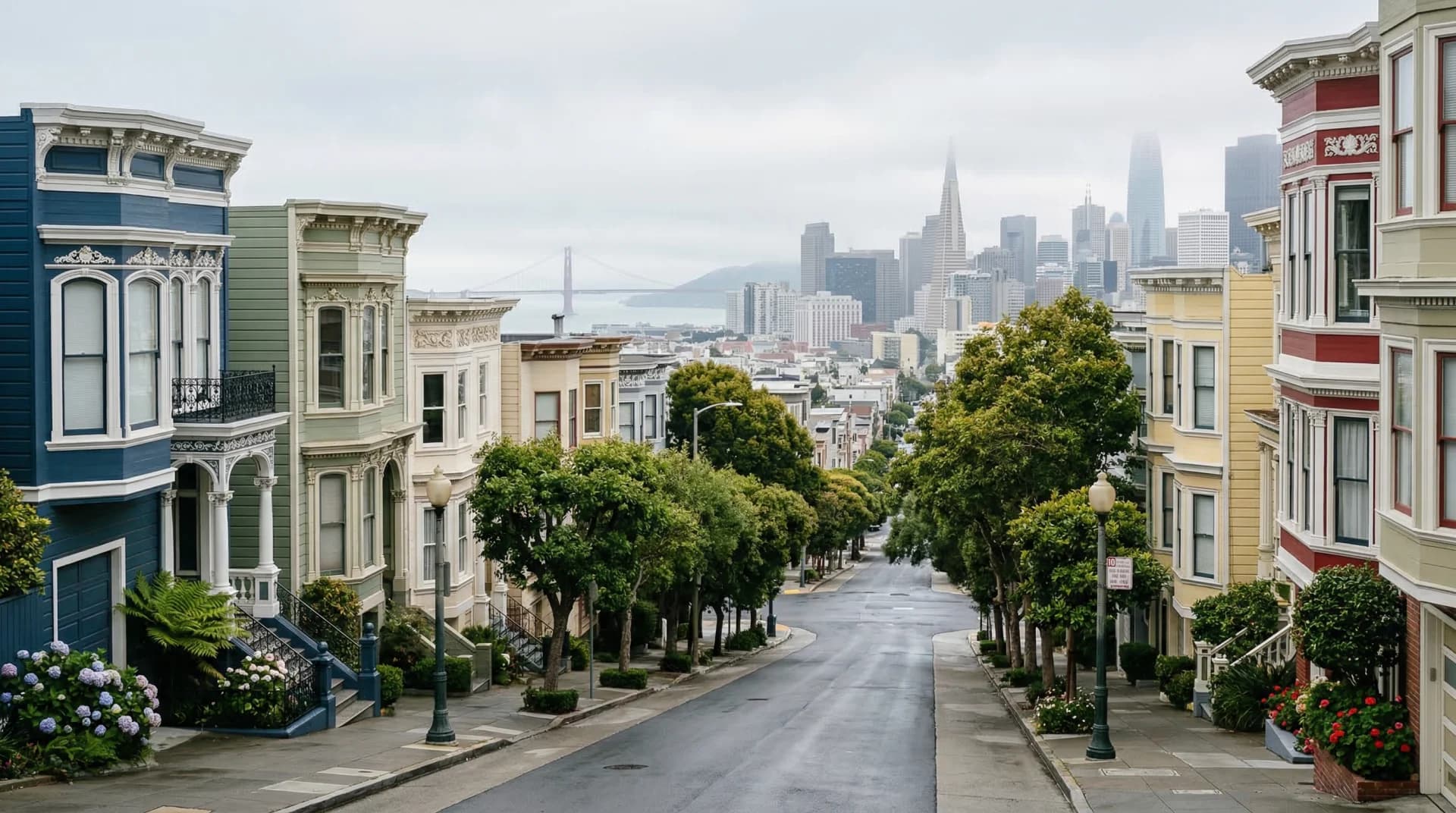 San Francisco Pacific Heights street with classic Victorian homes and soft fog