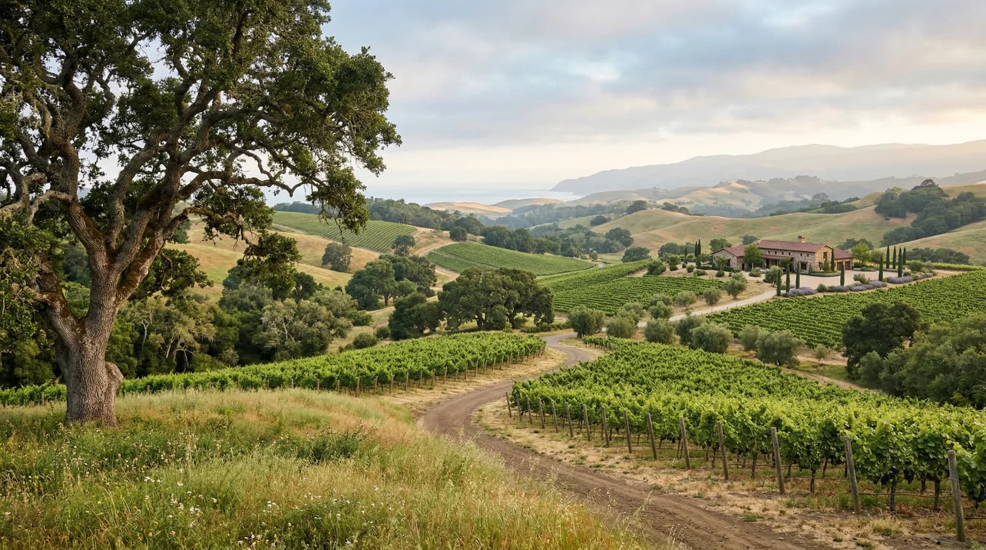 Sonoma County rolling vineyards and oak trees in morning light